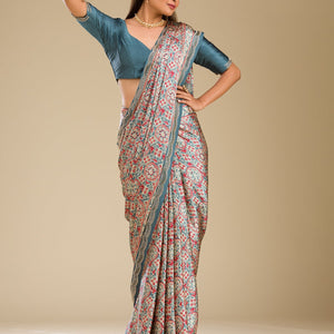 Blue Printed Satin Saree