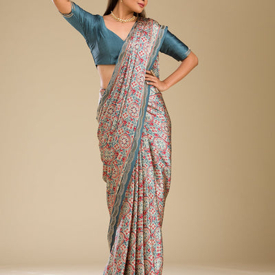 Blue Printed Satin Saree