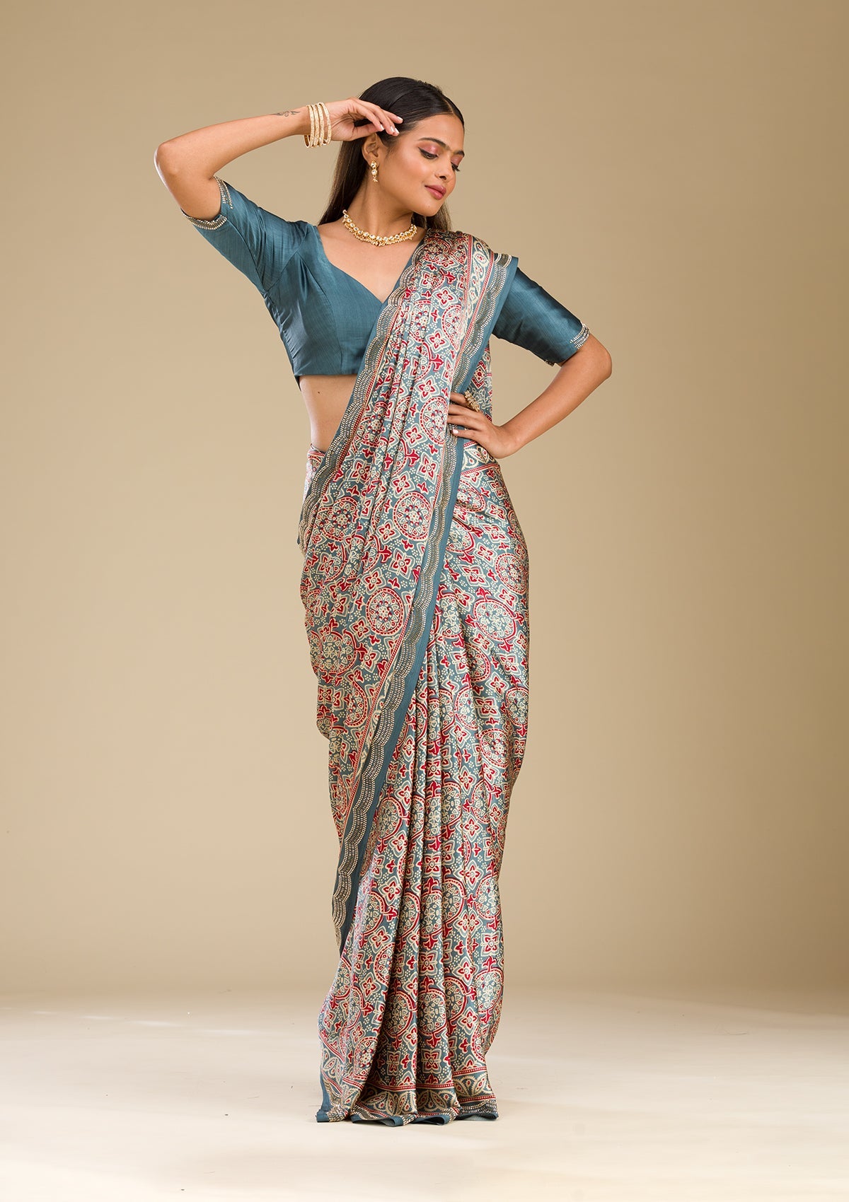 Blue Printed Satin Saree