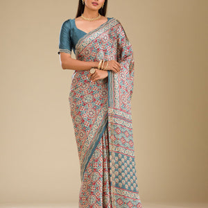 Blue Printed Satin Saree