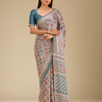 Blue Printed Satin Saree
