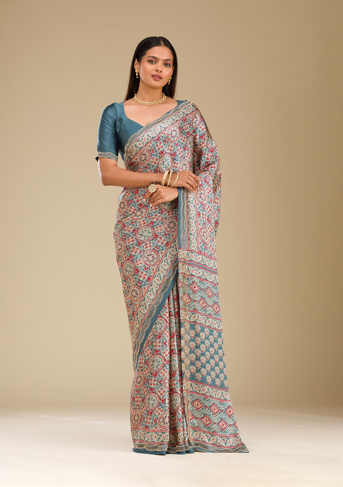 Blue Printed Satin Saree