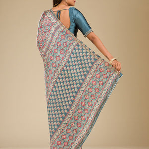 Blue Printed Satin Saree