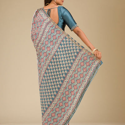 Blue Printed Satin Saree