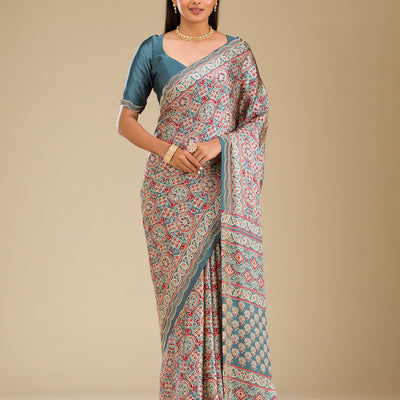 Blue Printed Satin Saree