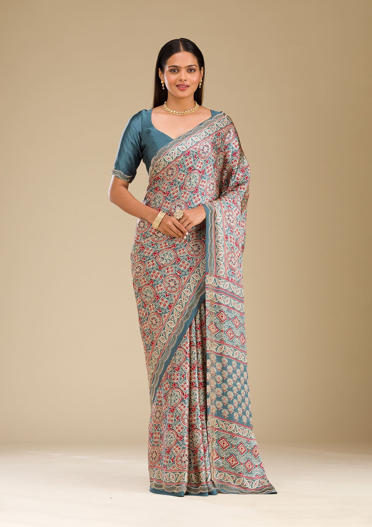 Blue Printed Satin Saree