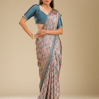 Blue Printed Satin Saree