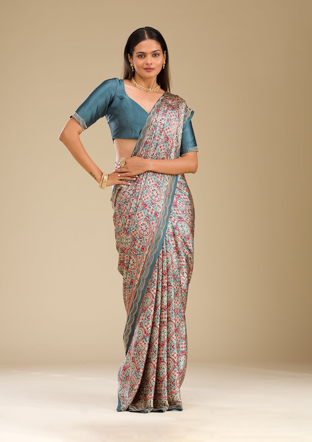 Blue Printed Satin Saree