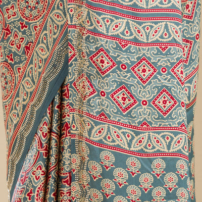Blue Printed Satin Saree