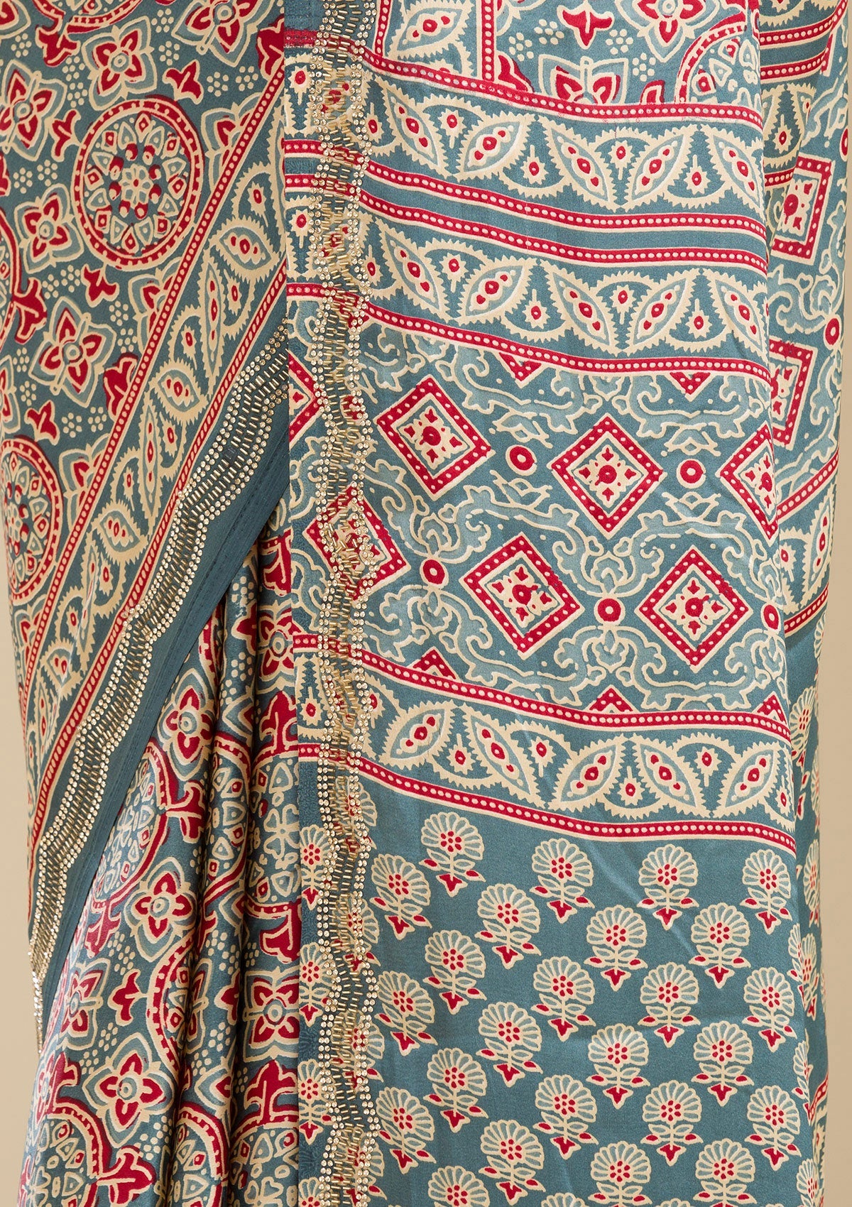 Blue Printed Satin Saree