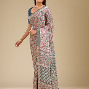 Blue Printed Satin Saree
