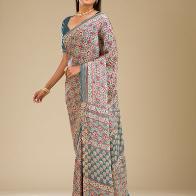 Blue Printed Satin Saree