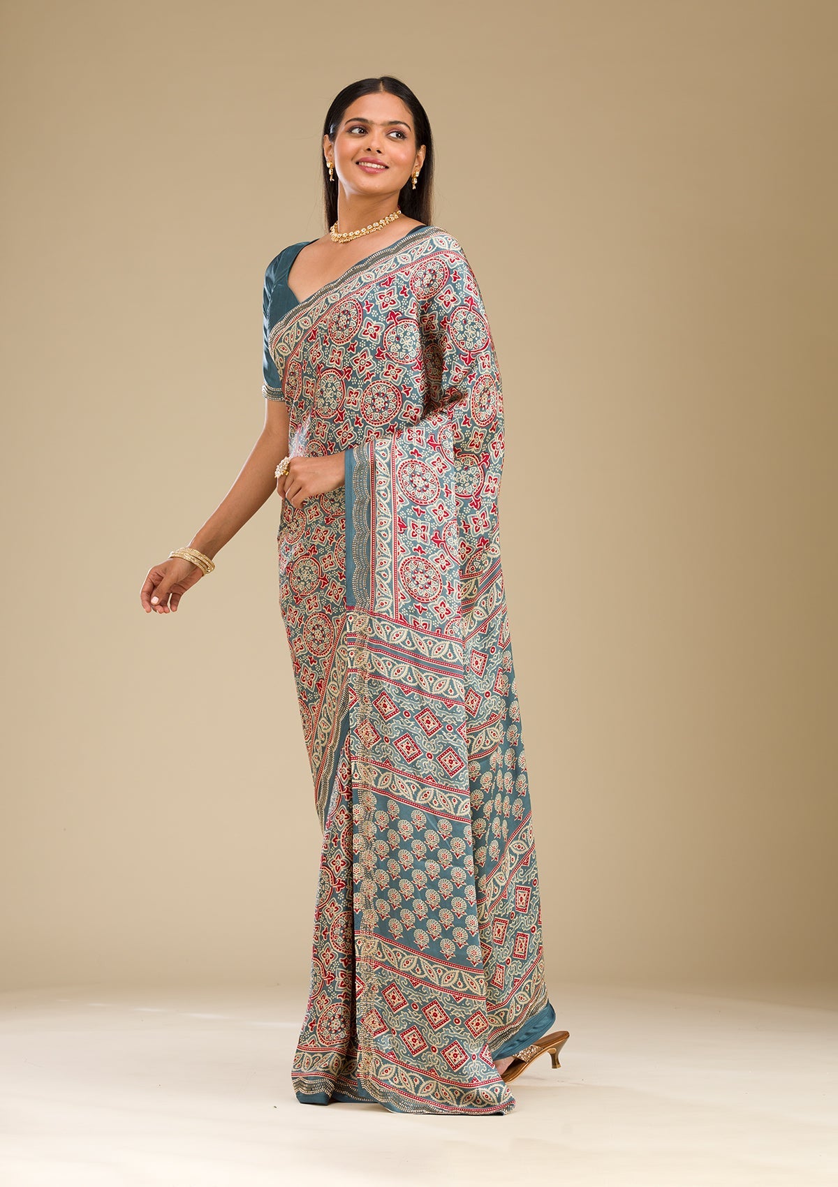 Blue Printed Satin Saree