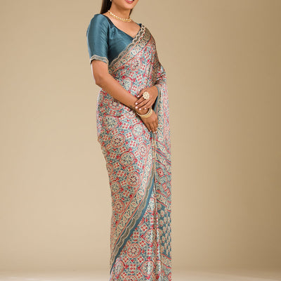 Blue Printed Satin Saree