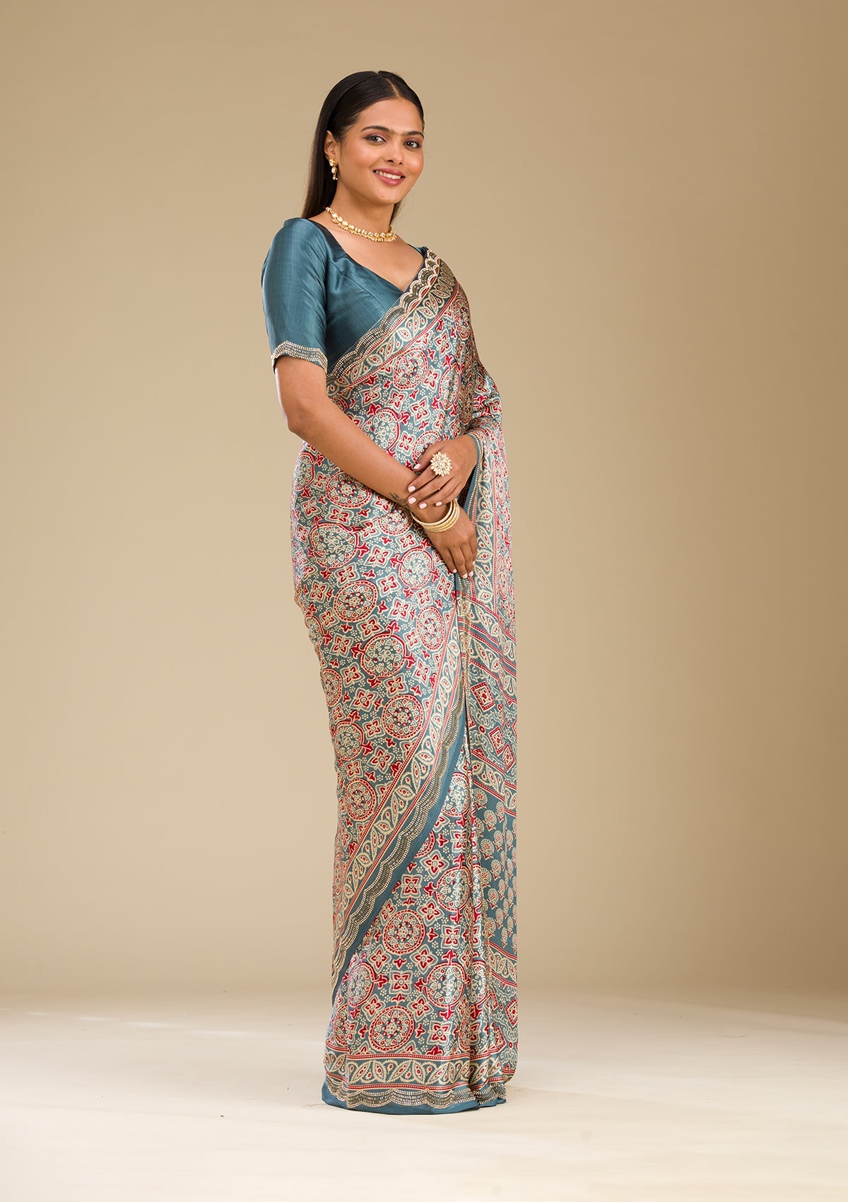 Blue Printed Satin Saree