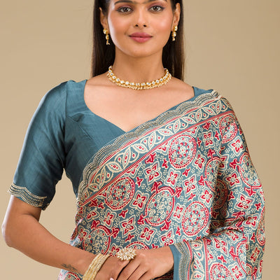 Blue Printed Satin Saree