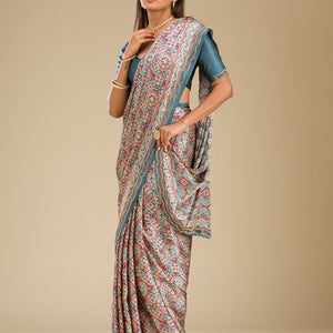 Blue Printed Satin Saree