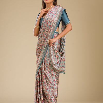 Blue Printed Satin Saree
