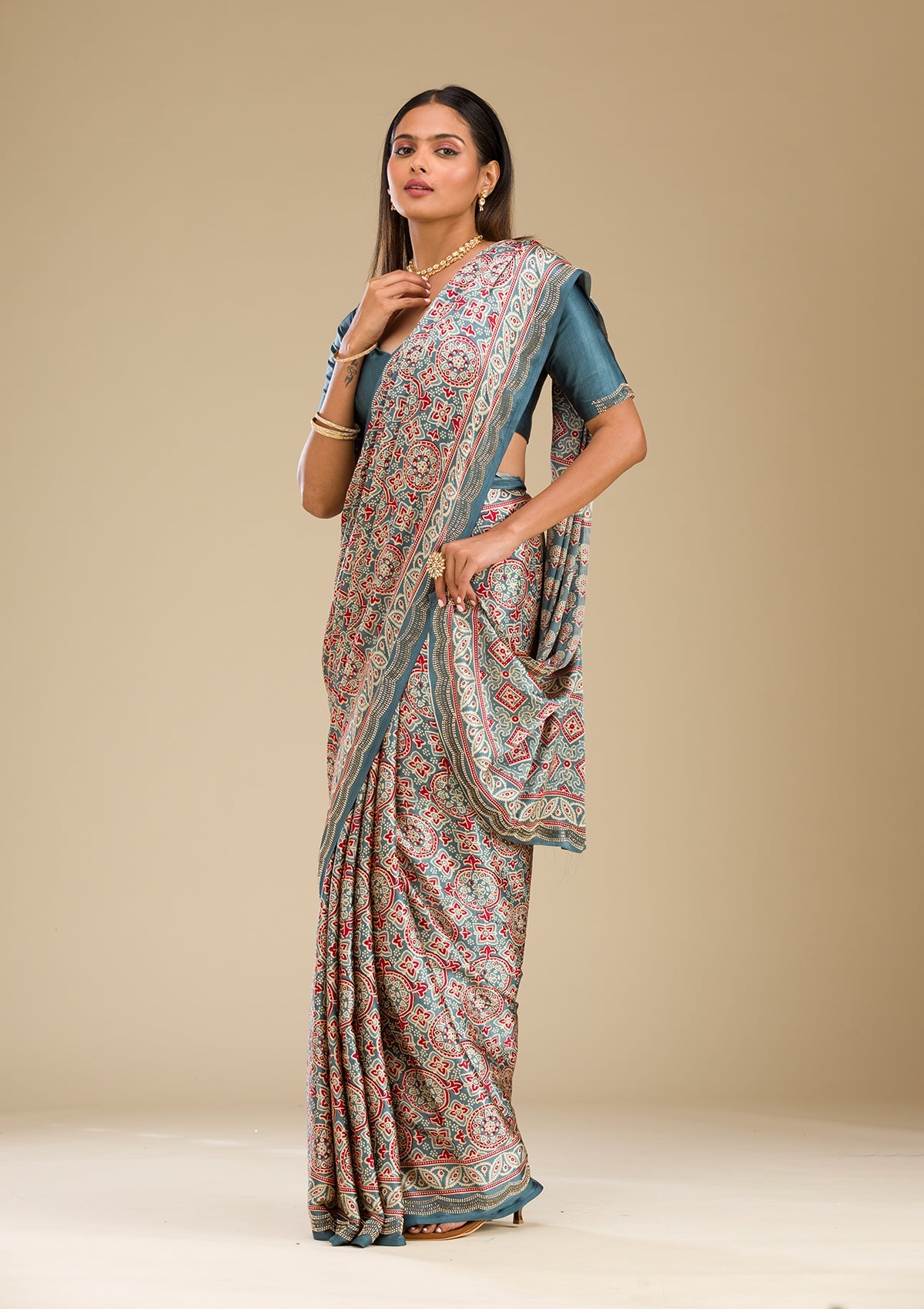 Blue Printed Satin Saree