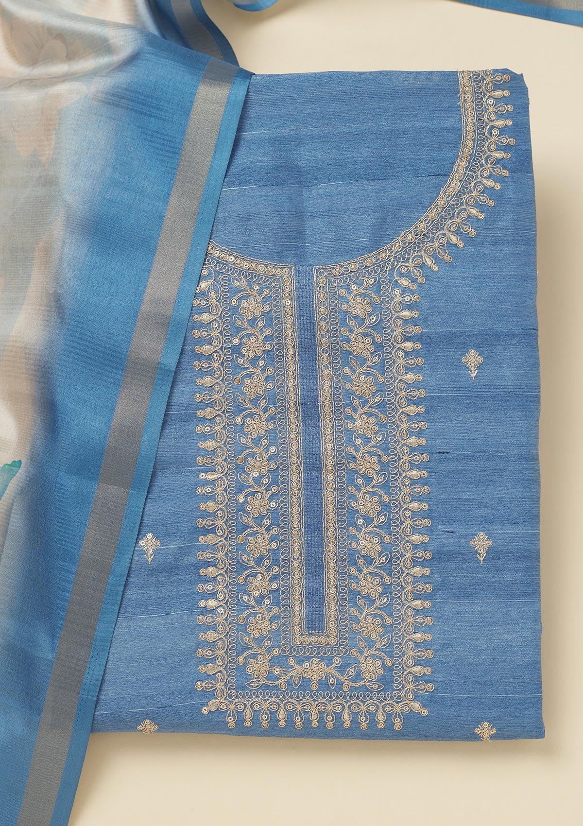 Blue Zariwork Raw Silk Unstitched Salwar Suit