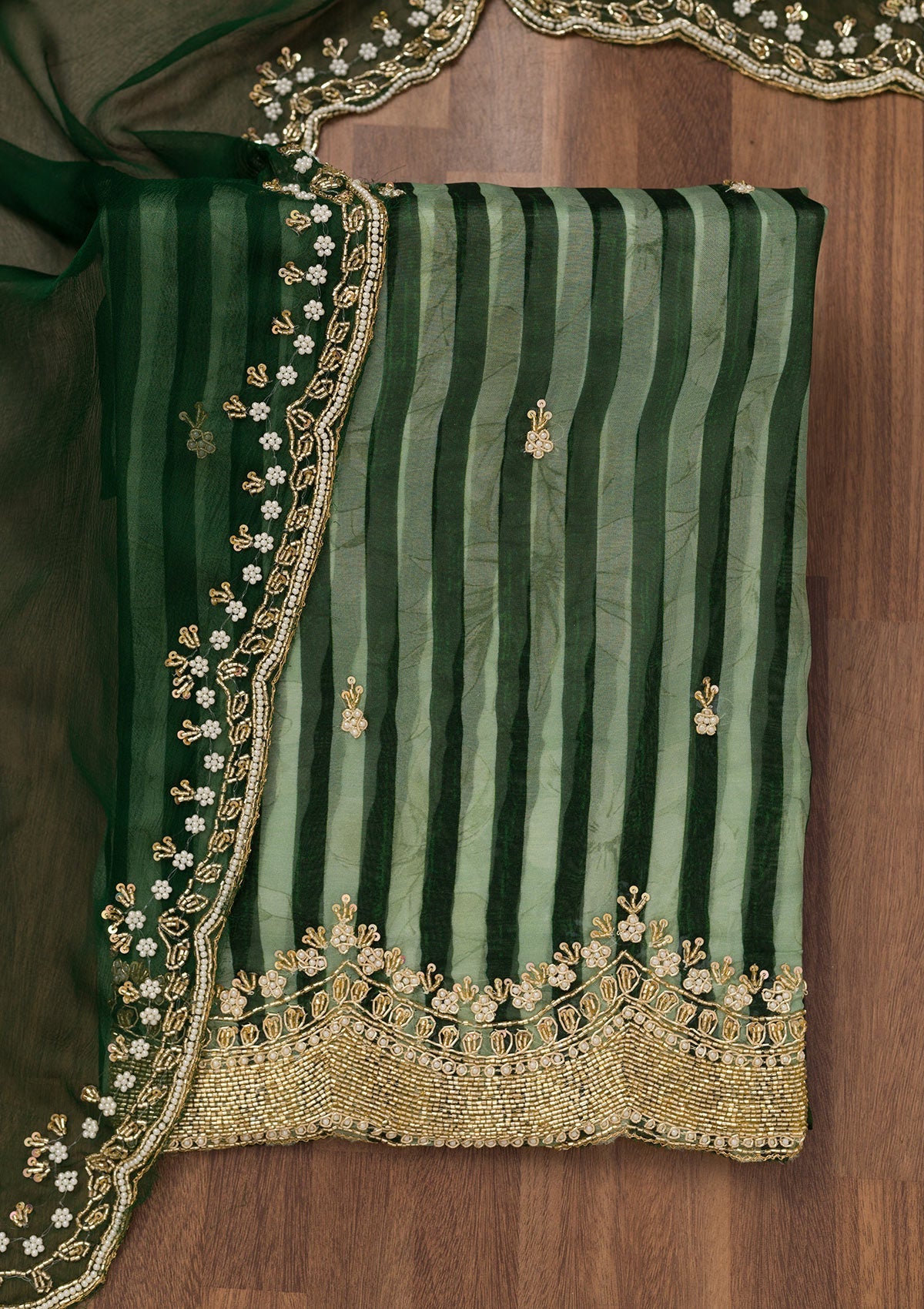 Bottle Green Cutdana Semi Crepe Unstitched Salwar Suit