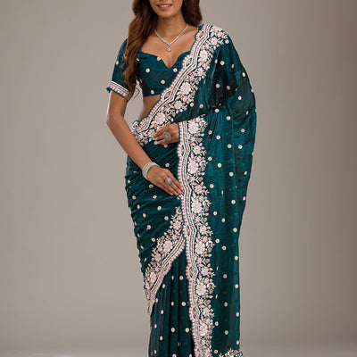 Bottle Green Sequins Semi Crepe Saree