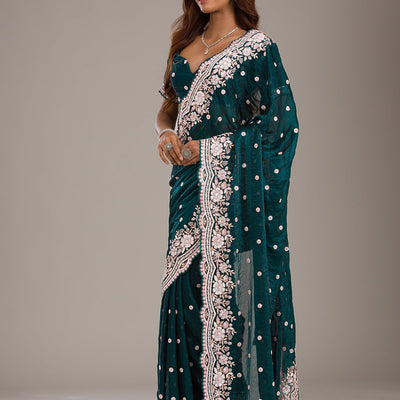 Bottle Green Sequins Semi Crepe Saree