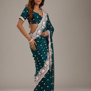 Bottle Green Sequins Semi Crepe Saree