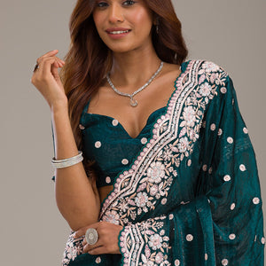 Bottle Green Sequins Semi Crepe Saree