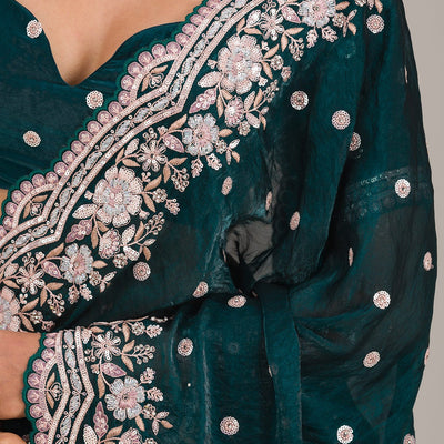 Bottle Green Sequins Semi Crepe Saree