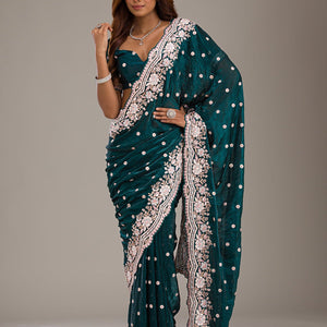 Bottle Green Sequins Semi Crepe Saree