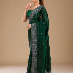 Bottle Green Threadwork Georgette Saree