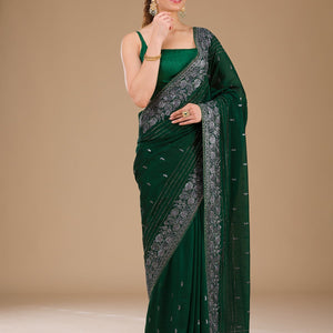 Bottle Green Threadwork Georgette Saree