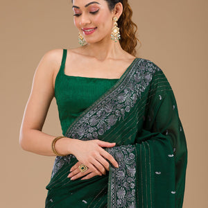 Bottle Green Threadwork Georgette Saree