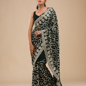 Bottle Green Threadwork Satin Saree