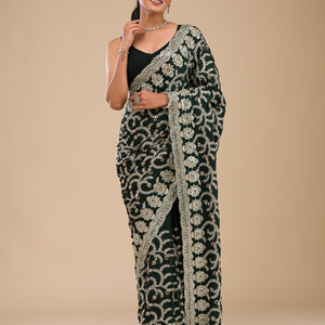Bottle Green Threadwork Satin Saree