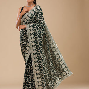 Bottle Green Threadwork Satin Saree