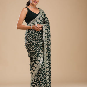 Bottle Green Threadwork Satin Saree