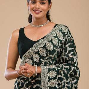 Bottle Green Threadwork Satin Saree