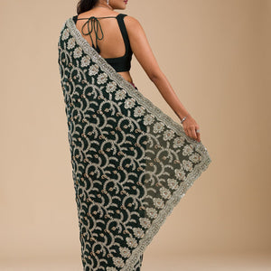 Bottle Green Threadwork Satin Saree