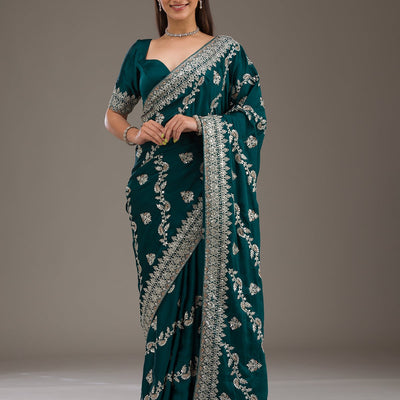 Bottle Green Threadwork Satin Saree