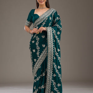 Bottle Green Threadwork Satin Saree