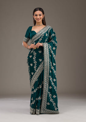 Bottle Green Threadwork Satin Saree