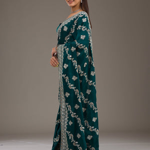 Bottle Green Threadwork Satin Saree