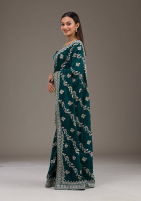 Bottle Green Threadwork Satin Saree