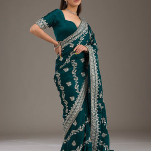Bottle Green Threadwork Satin Saree
