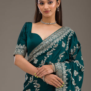 Bottle Green Threadwork Satin Saree