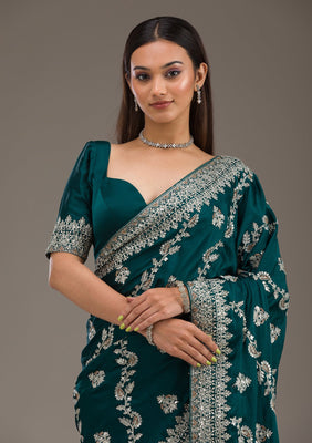 Bottle Green Threadwork Satin Saree