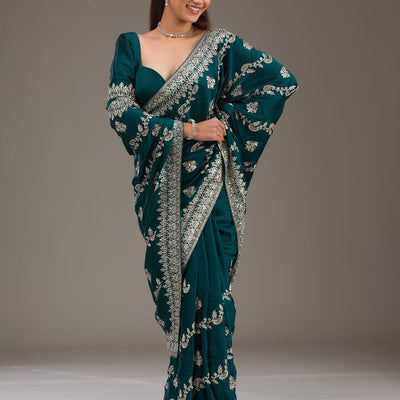 Bottle Green Threadwork Satin Saree
