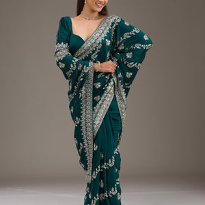Bottle Green Threadwork Satin Saree